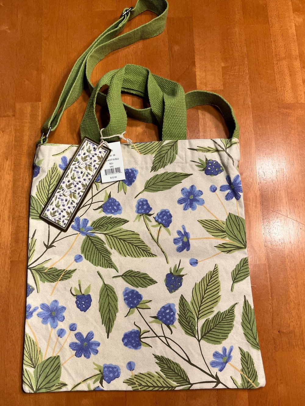 Canvas Floral Tote Bag with Green Straps